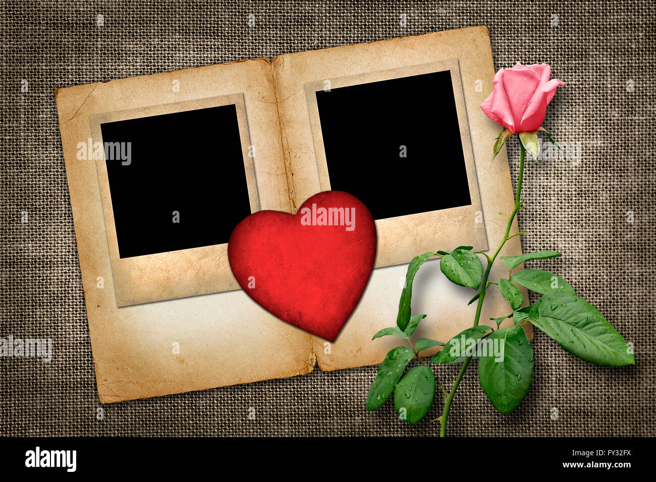 Two old-style photo  with red paper heart with pink rose  in vintage style Stock Photo