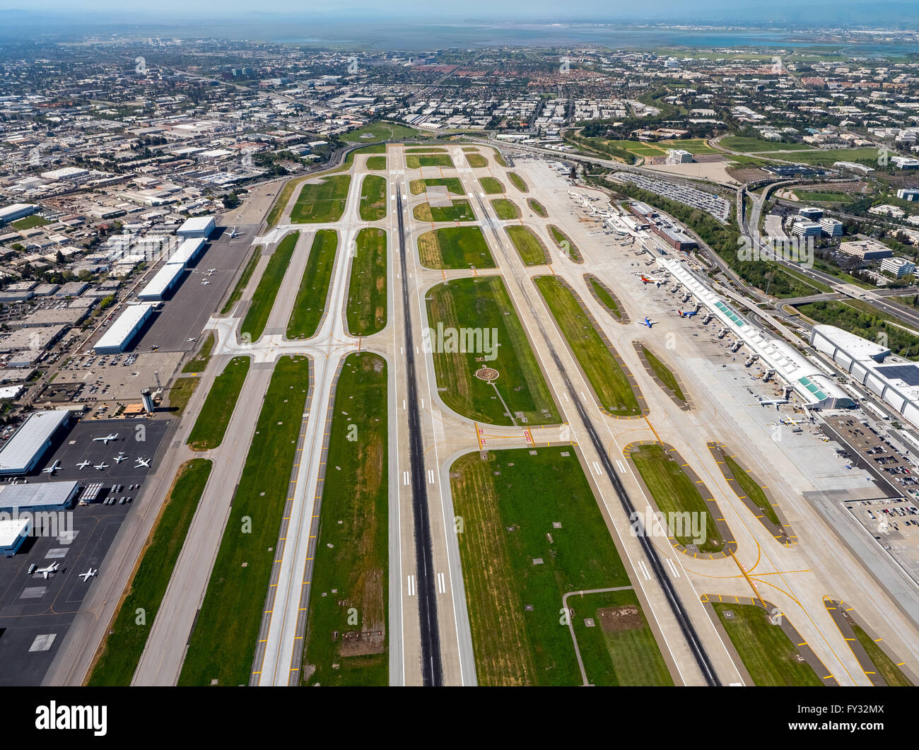 Aerial view, San Jose International Airport, runways, San José Province, San Francisco Bay Area, California, USA Stock Photo