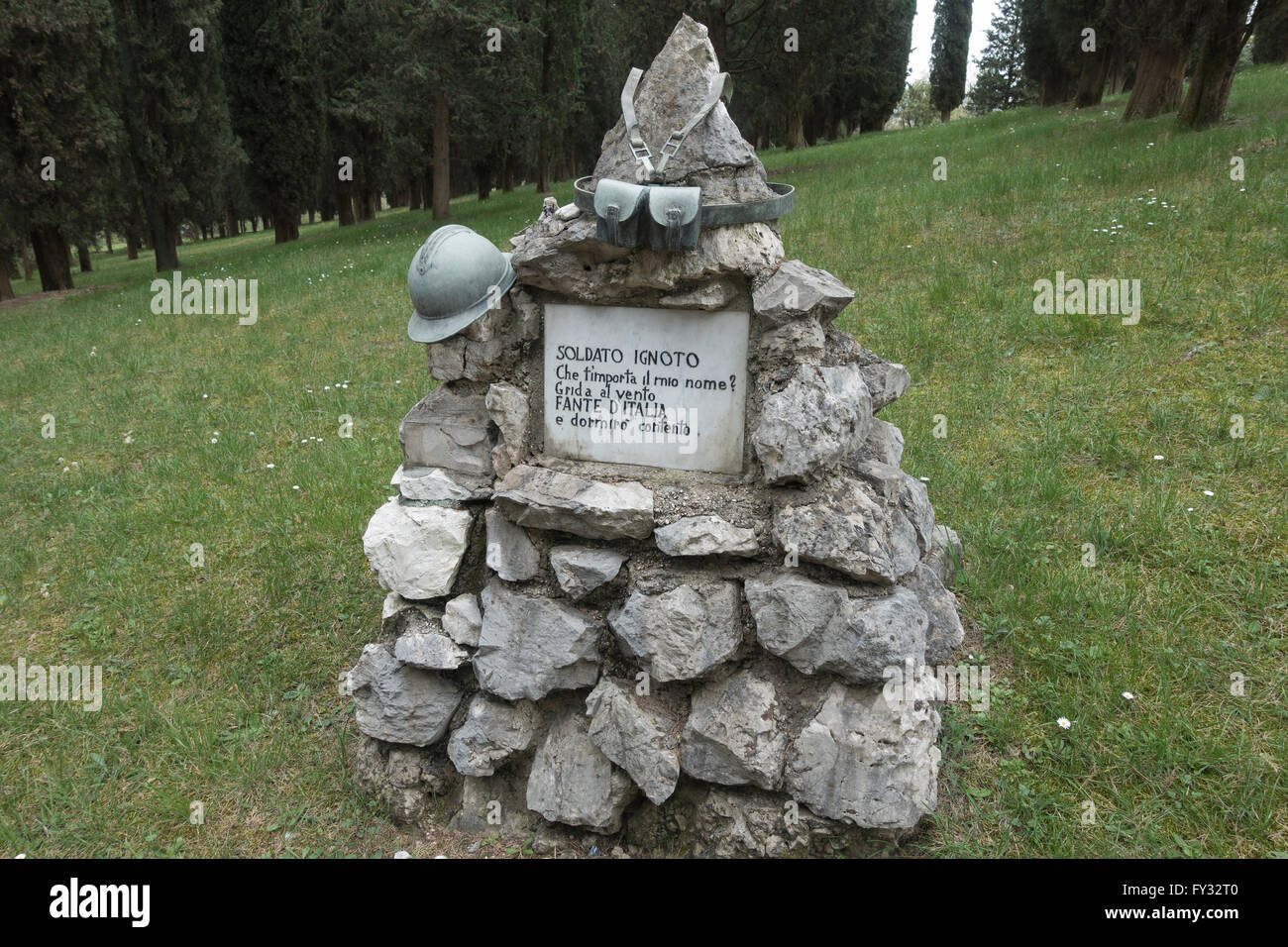 Symbolic grave stone of the Unknown Soldier, Park of Remembrance, Open Air Museum World War I on the Colle Sant'Elia hill Stock Photo