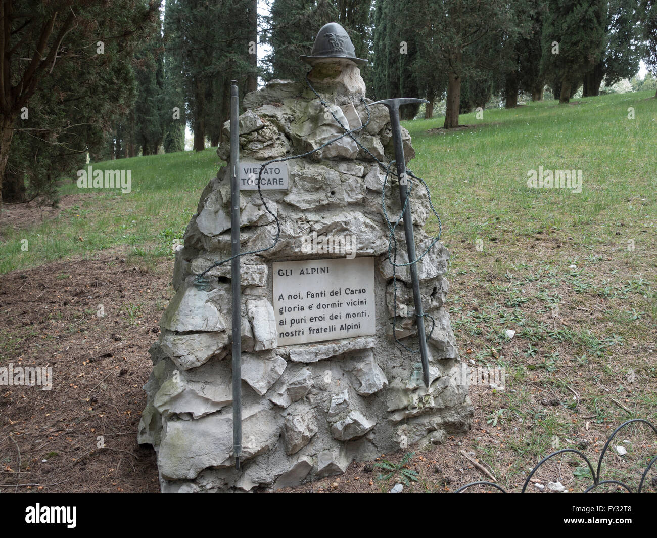 Symbolic grave stone for Mountaineera or Alpini, Park of Remembrance, Open Air Museum World War I on the Colle Sant'Elia hill Stock Photo
