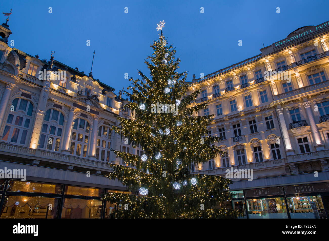 Christmas tree in front of the Pupp Hotel, Karlovy Vary, Karlovy Vary district, Czech Republic