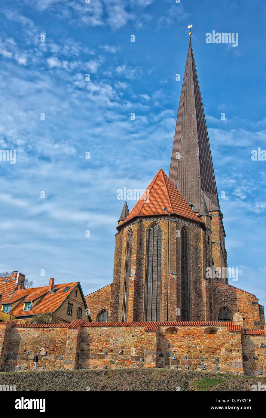 Petri church with old city walls, Rostock, Mecklenburg-Western Pomerania, Germany Stock Photo