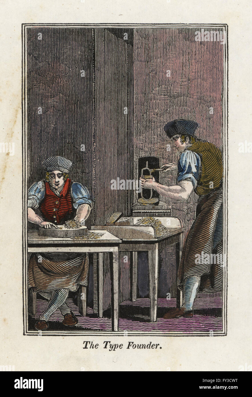 Type founders making metal type for a printing press near a furnace. Handcoloured woodcut engraving from The Book of English Trades and Library of the Useful Arts, Phillips, London, 1818. Stock Photo