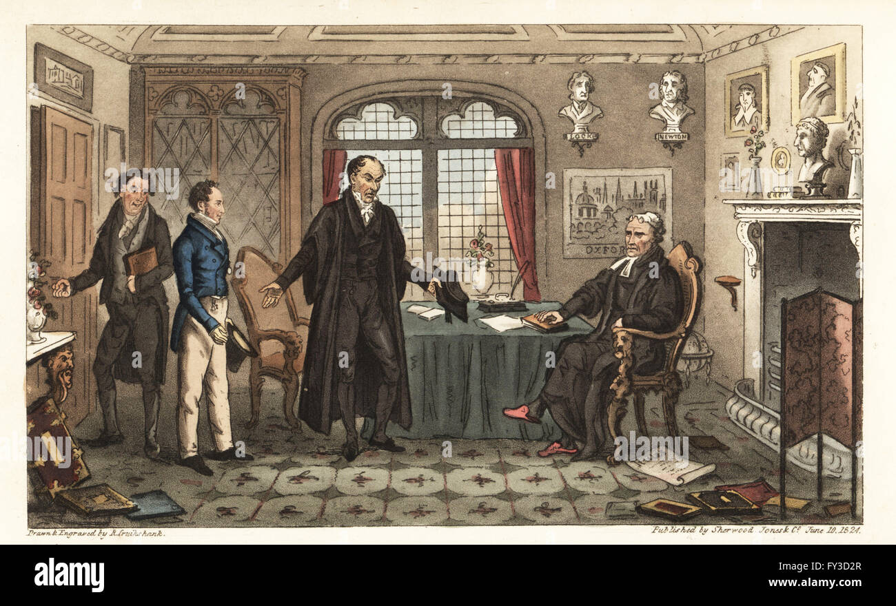 A student is introduced to the head of a college at Oxford University. First Bow to Alma Mater, or Bernard Blackmantle's introduction to the Big Wig. Handcoloured copperplate drawn and engraved by Robert Cruikshank from The English Spy, London, 1825. Written by Bernard Blackmantle, a pseudonym for Charles Molloy Westmacott. Stock Photo
