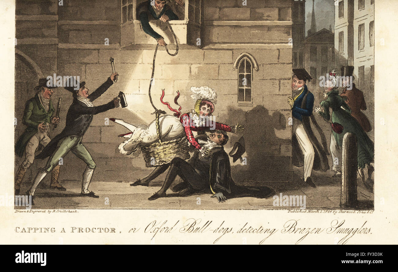 Student attempting to smuggle a woman in a basket into his rooms at college. Capping a Proctor, or Oxford Bulldogs detecting Brazen Smugglers. Handcoloured copperplate drawn and engraved by Robert Cruikshank from The English Spy, London, 1825. Written by Bernard Blackmantle, a pseudonym for Charles Molloy Westmacott. Stock Photo