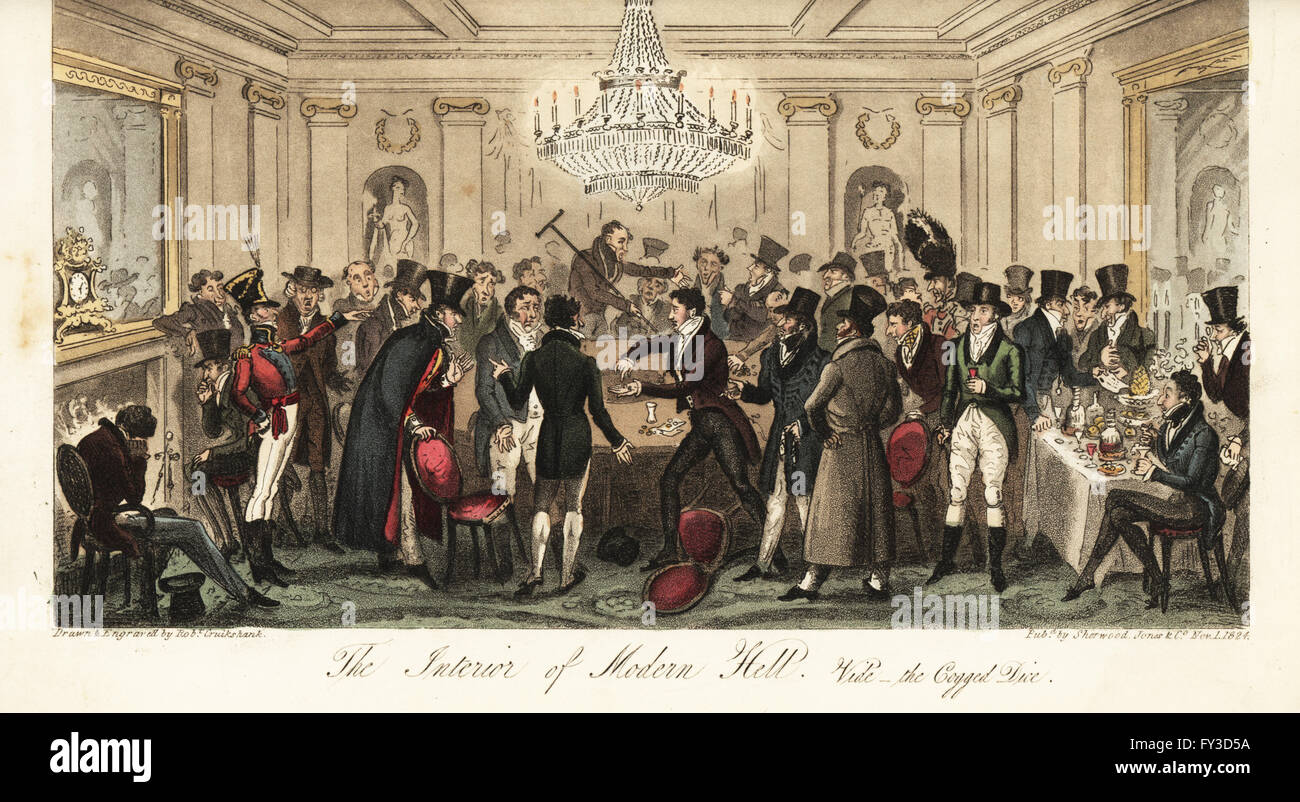 Regency gamblers playing French Hazard in the gambling hell, Fishmongers Hall. A gambler claims the dice are weighted. The Interior of Modern Hell, vide the Cogged Dice. Handcoloured copperplate drawn and engraved by Robert Cruikshank from The English Spy, London, 1825. Written by Bernard Blackmantle, a pseudonym for Charles Molloy Westmacott. Stock Photo