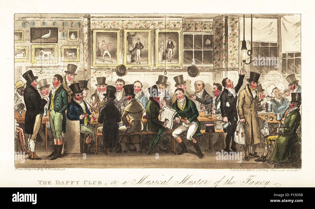Regency gentlemen drinking gin at the Daffy Club, held in Tom Belcher's Castle Tavern, Holborn. Paintings of famous boxers including John Jackson, Daniel Mendoza, Tom Cribb and the fighting dog Trusty. The Daffy Club, or a Musical Muster of the Fancy. Handcoloured copperplate drawn and engraved by Robert Cruikshank from The English Spy, London, 1825. Written by Bernard Blackmantle, a pseudonym for Charles Molloy Westmacott. Stock Photo