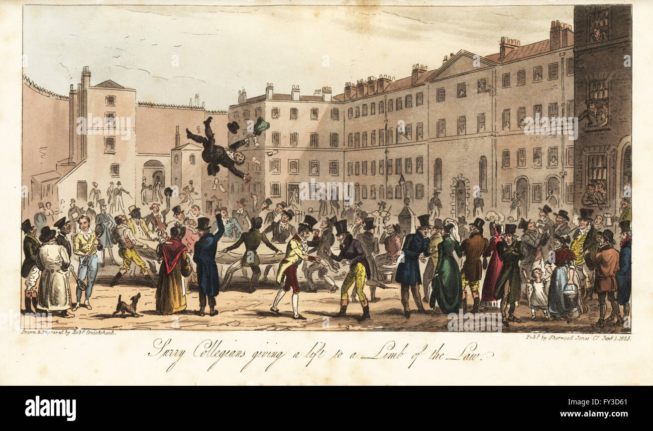 A lawyer being tossed in a blanket by his colleagues in the yard at King's Bench Prison. Debtors and creditors inside a debtor's prison. Surry Collegians giving a lift to a Limb of the Law. Handcoloured copperplate drawn and engraved by Robert Cruikshank from The English Spy, London, 1825. Written by Bernard Blackmantle, a pseudonym for Charles Molloy Westmacott. Stock Photo