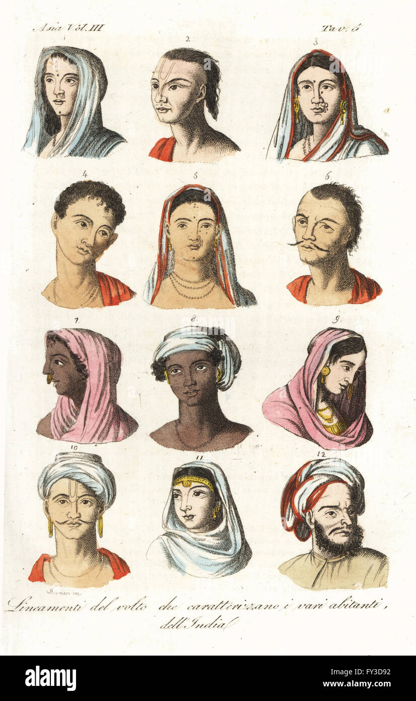 Portraits of different Indian castes: Brahmins 1,2, Kshatriyas or Khatri, Punjabi mercantile caste 3,4, Vaisyas 5,6, Sudras 7,8, Hindus of upper India 9,10, and Mughals 11,12. Handcoloured copperplate engraving by Andrea Bernieri after Francois Solvyns from Giulio Ferrario's Ancient and Modern Costumes of all the Peoples of the World, Florence, Italy, 1844. Stock Photo