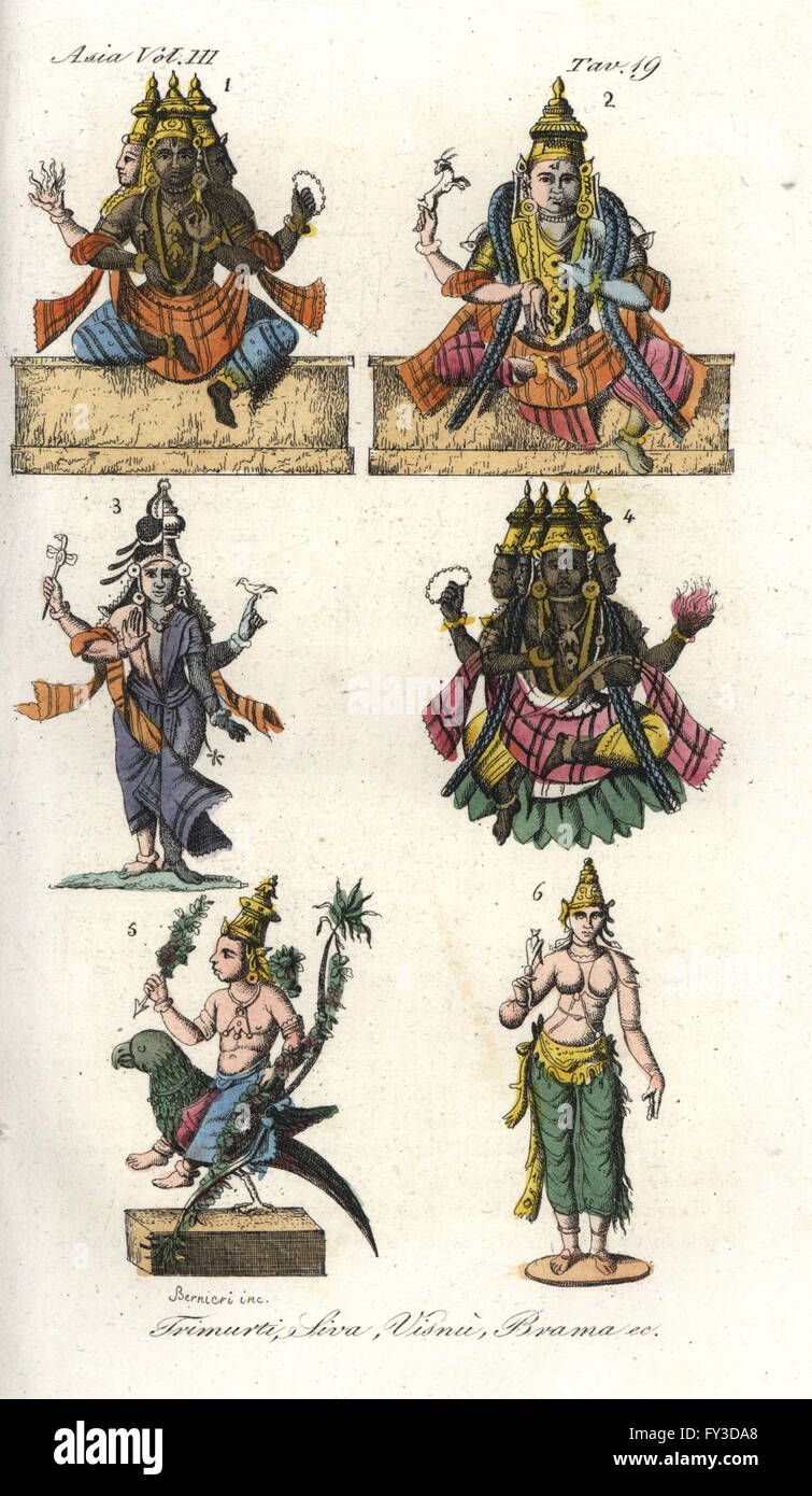Hindu gods including Trimurti, Shiva, Vishnu and Brahma. Handcoloured copperplate drawn and engraved by Andrea Bernieri from Giulio Ferrario's Ancient and Modern Costumes of all the Peoples of the World, Florence, Italy, 1844. Stock Photo