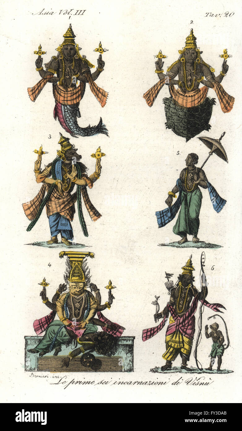 The first six incarnations of the Hindu god Vishnu. Handcoloured copperplate drawn and engraved by Andrea Bernieri from Giulio Ferrario's Ancient and Modern Costumes of all the Peoples of the World, Florence, Italy, 1844. Stock Photo