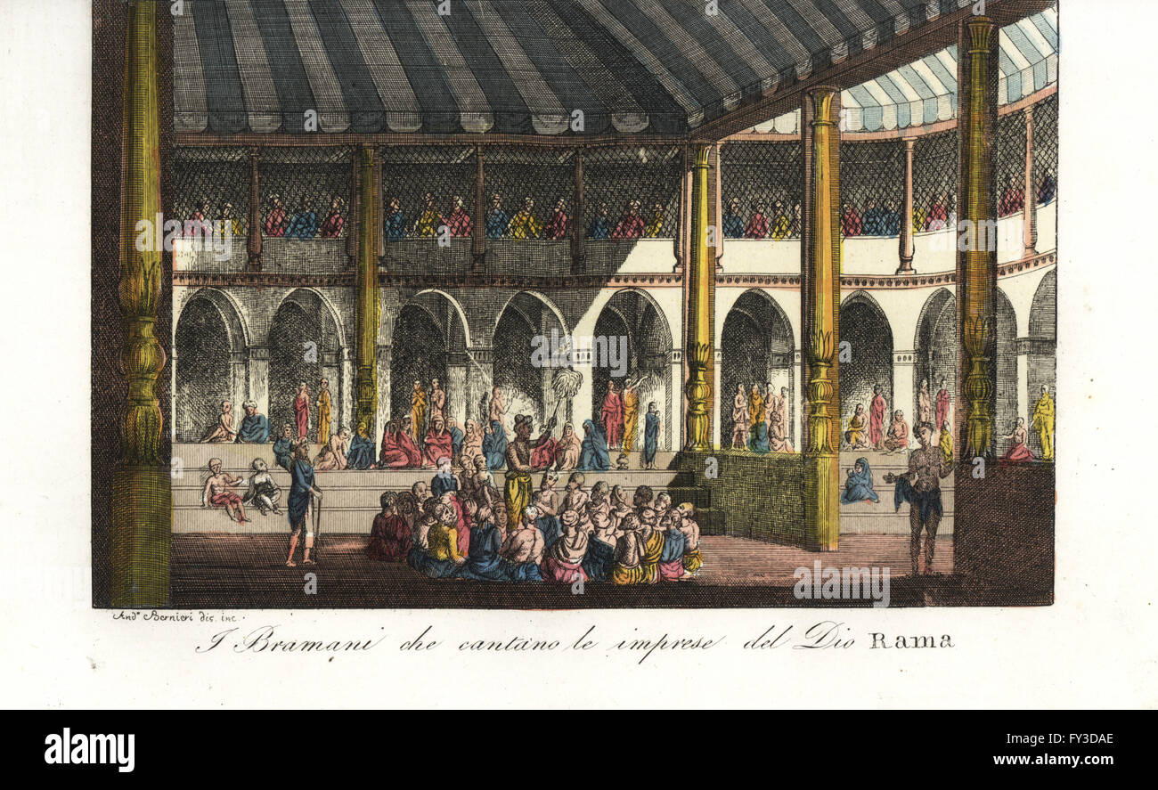 Brahmins singing praises to Lord Rama. Handcoloured copperplate drawn and engraved by Andrea Bernieri from Giulio Ferrario's Ancient and Modern Costumes of all the Peoples of the World, Florence, Italy, 1844. Stock Photo
