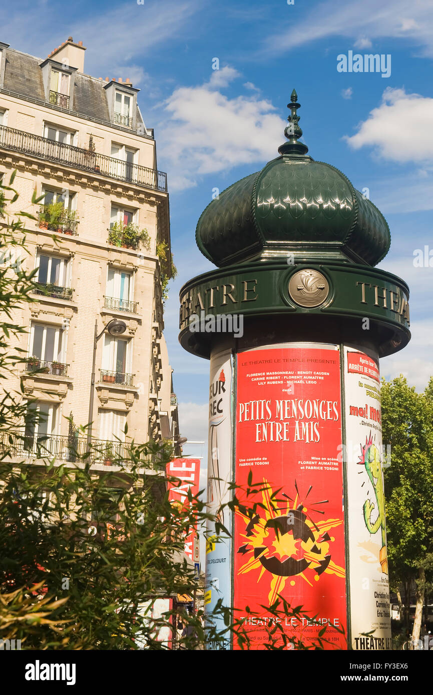 Theater advertisement on a Morris column, Montmartre, Paris, France Stock Photo