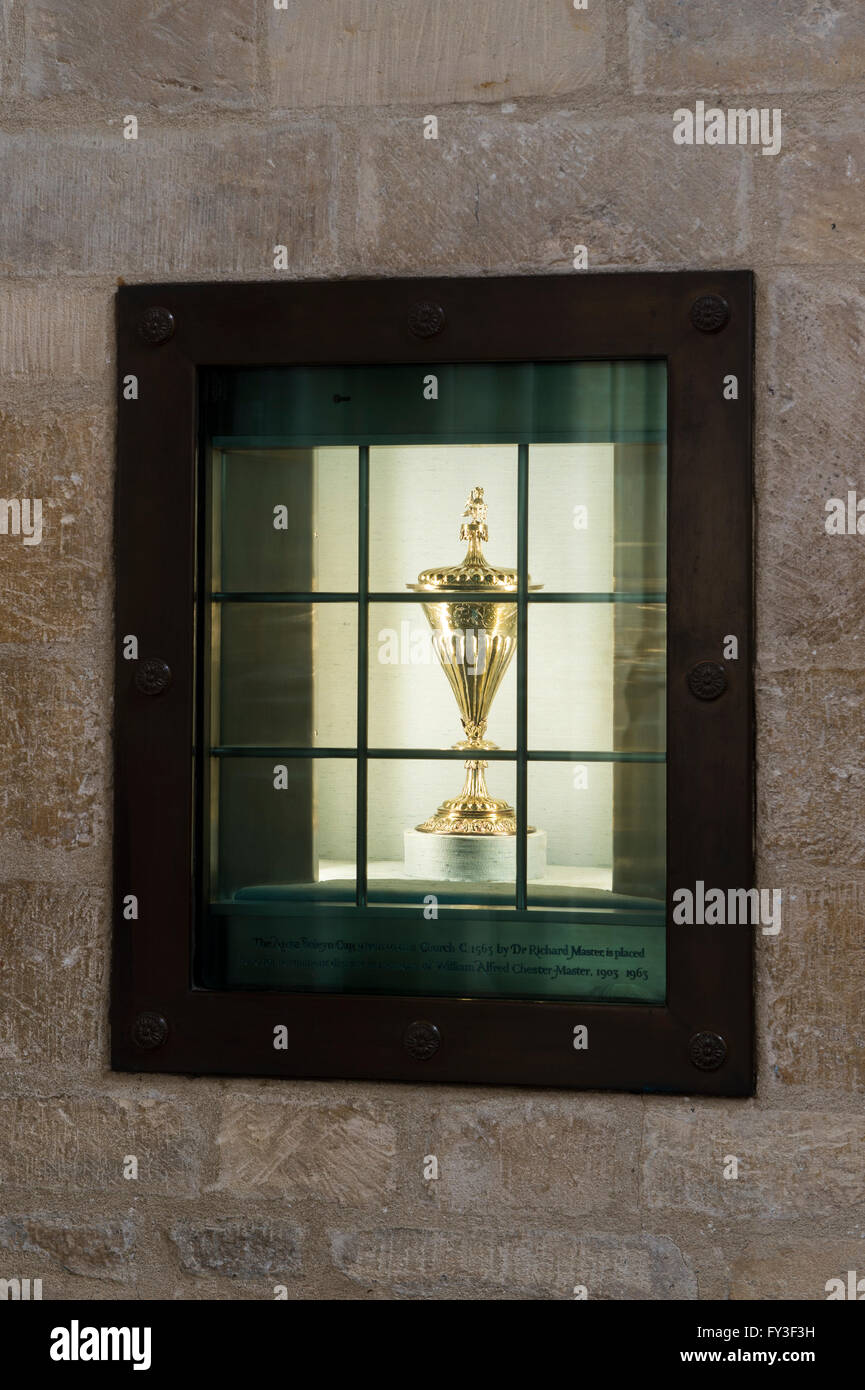 Anne Boleyn Cup in a glassed wall safe in St John the Baptist church, Cirencester, Cotswolds, Gloucestershire, England Stock Photo