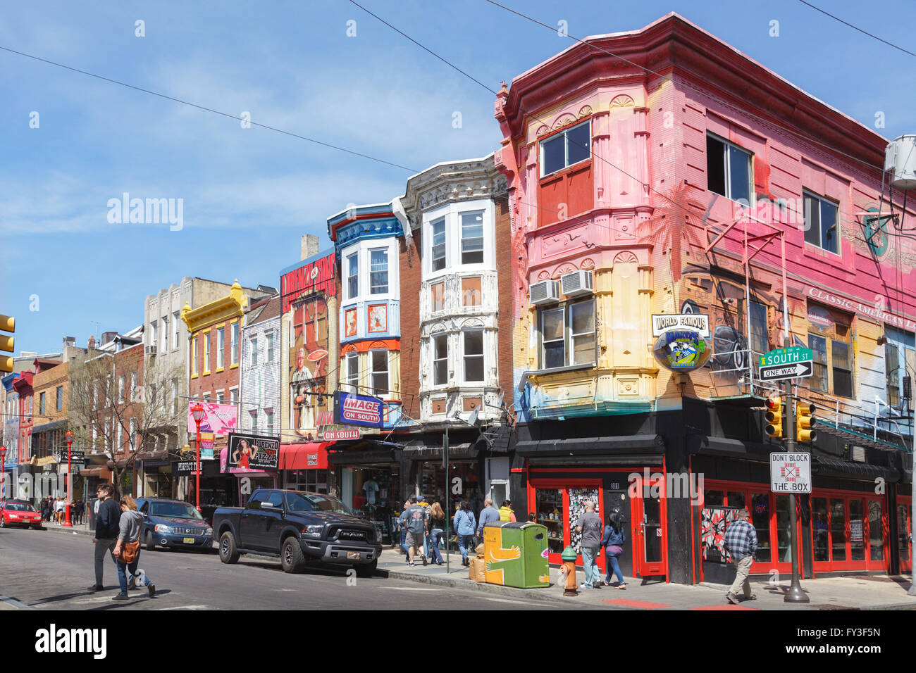 Colorful storefronts on South Street, Queen Village, Philadelphia, Pennsylvania, USA. Stock Photo