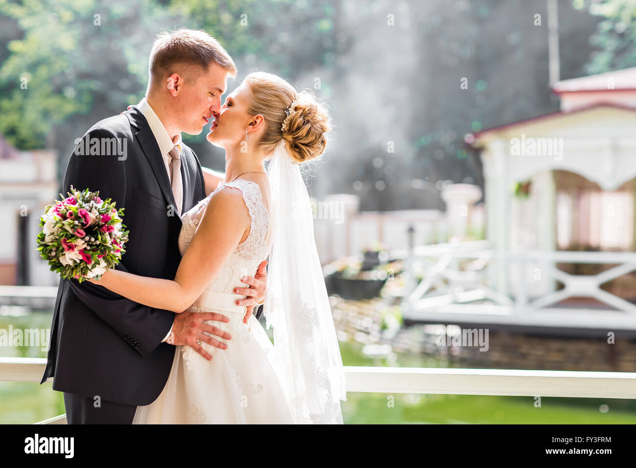 Kiss the bride and groom Stock Photo - Alamy