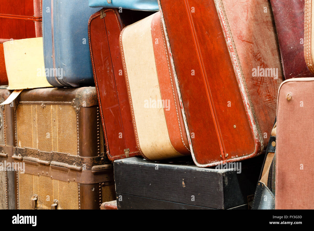 Collection of old luggage and baggage on display at the train museum. Southeastern Railway Museum Stock Photo