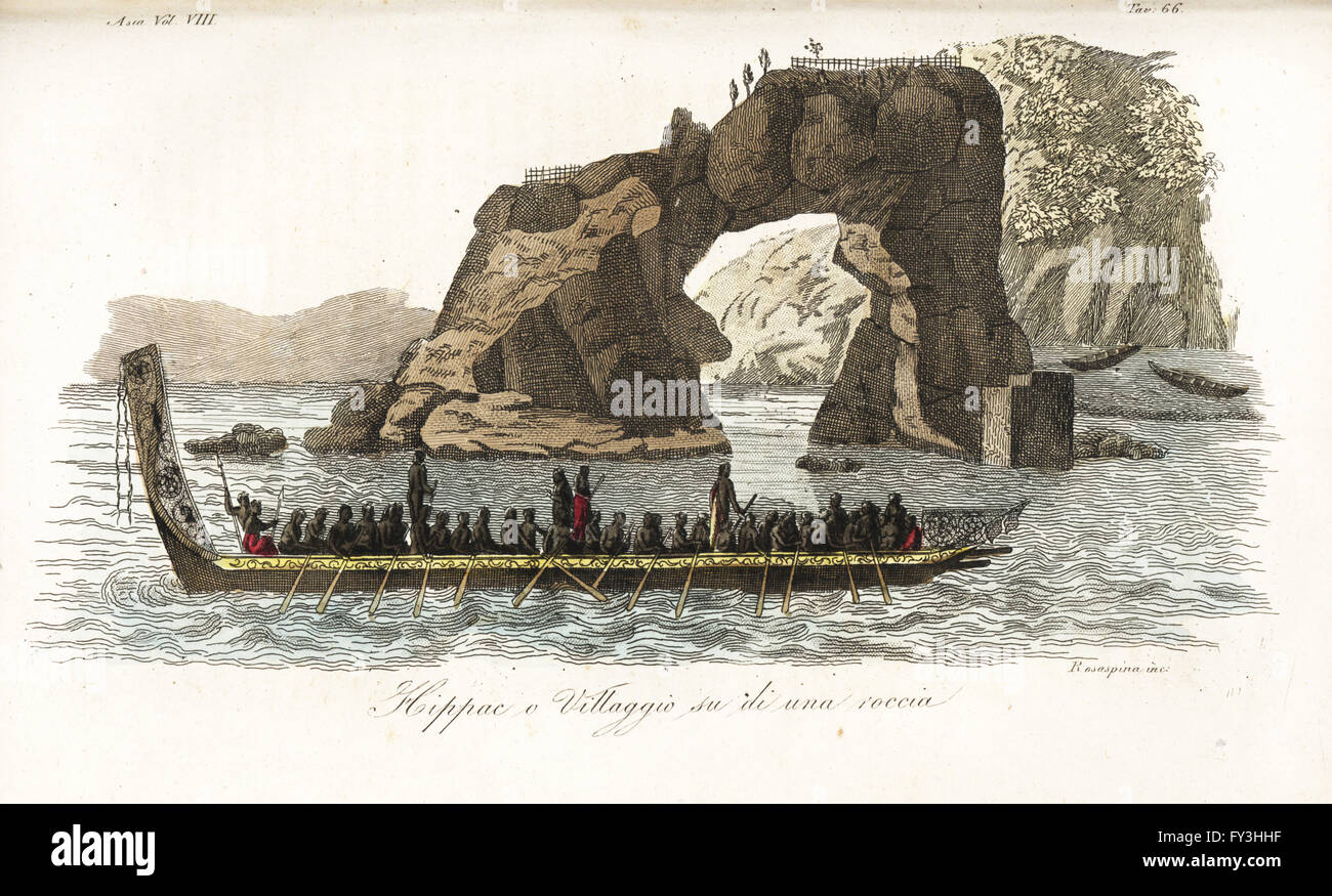 Maoris in a war canoe in front of a pa on an arched rock in New Zealand. The fortified village or pa is atop the perforated rock at Tolaga. Handcoloured copperplate engraved by Francesco Rosaspina after Sydney Parkinson from Giulio Ferrario's Ancient and Modern Costumes of all the Peoples of the World, Florence, Italy, 1844. Stock Photo