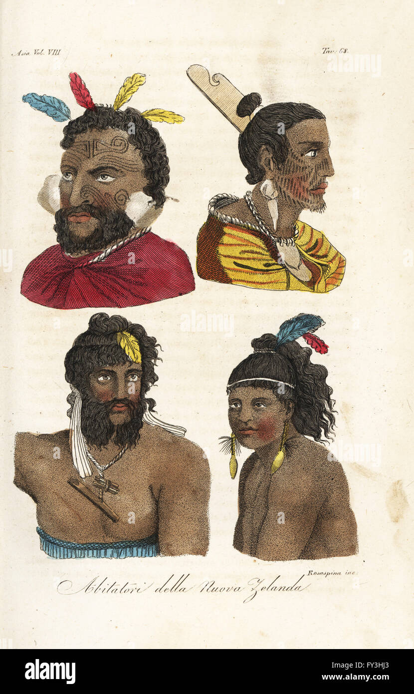 Portraits of Maori warriors, New Zealand. Men and boy with facial tattoos and feathers in their hair. Handcoloured copperplate engraved by  Francesco Rosaspina after William Hodges and Piron from Giulio Ferrario's Ancient and Modern Costumes of all the Peoples of the World, Florence, Italy, 1844. Stock Photo