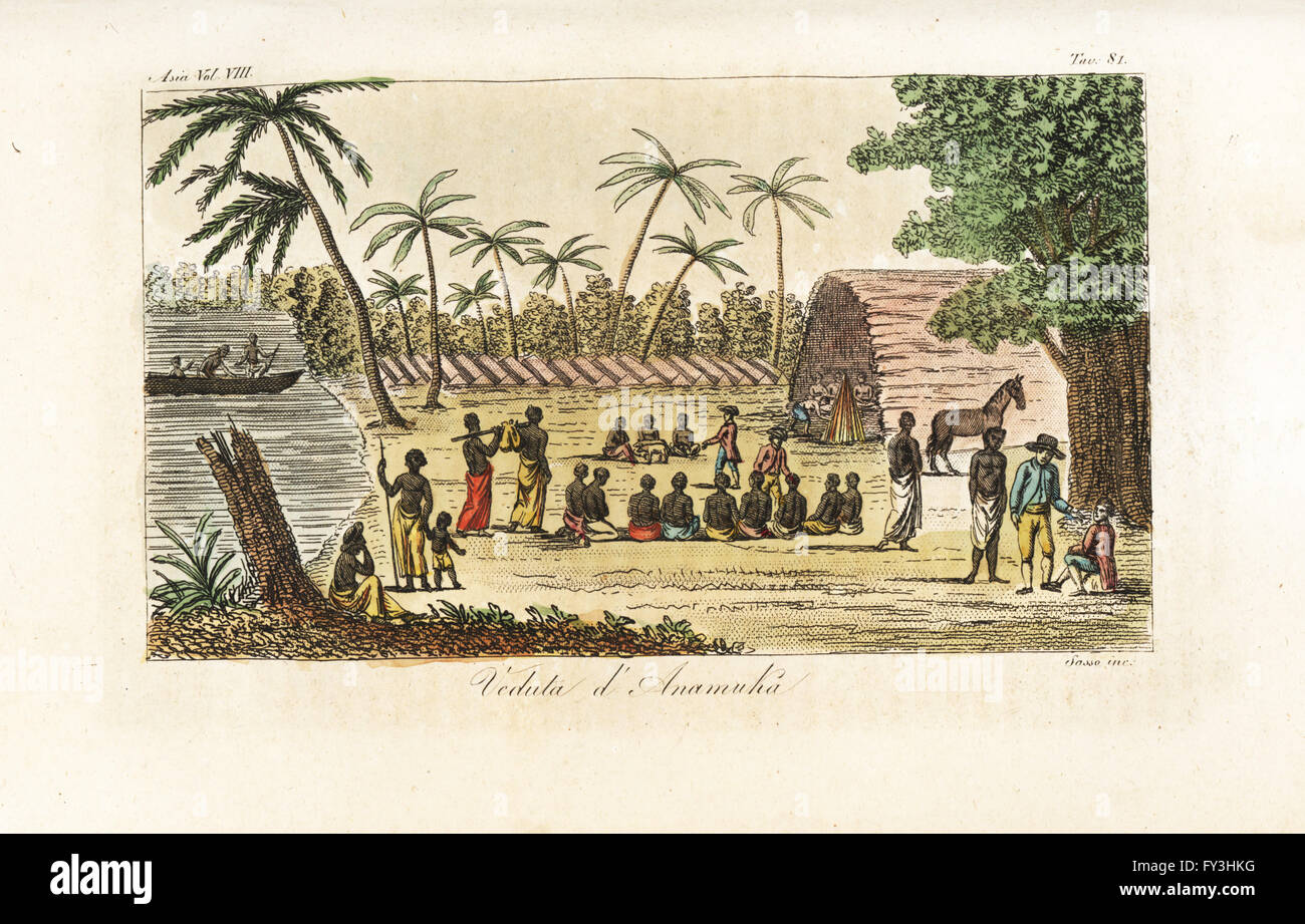 View of Namuka island, Fiji. Captain James Cook's men with natives in front of a longhouse. Handcoloured copperplate engraved by Sasso after William Hodges from Giulio Ferrario's Ancient and Modern Costumes of all the Peoples of the World, Florence, Italy, 1844. Stock Photo