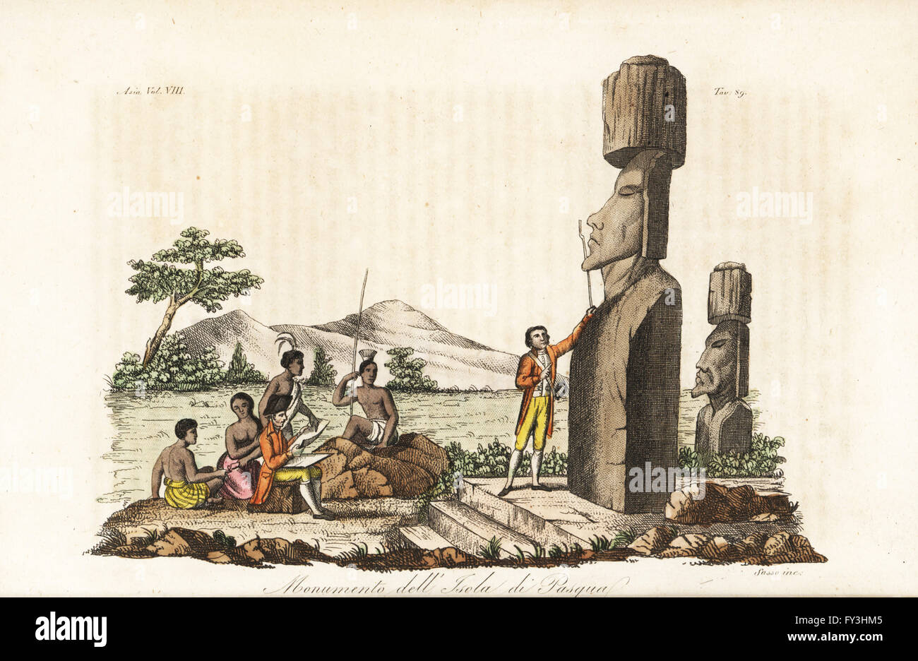 Captain James Cook and natives examining the Moai statues on Easter Island or Rapa Nui. Handcoloured copperplate engraved by Sasso from Giulio Ferrario's Ancient and Modern Costumes of all the Peoples of the World, Florence, Italy, 1844. Stock Photo