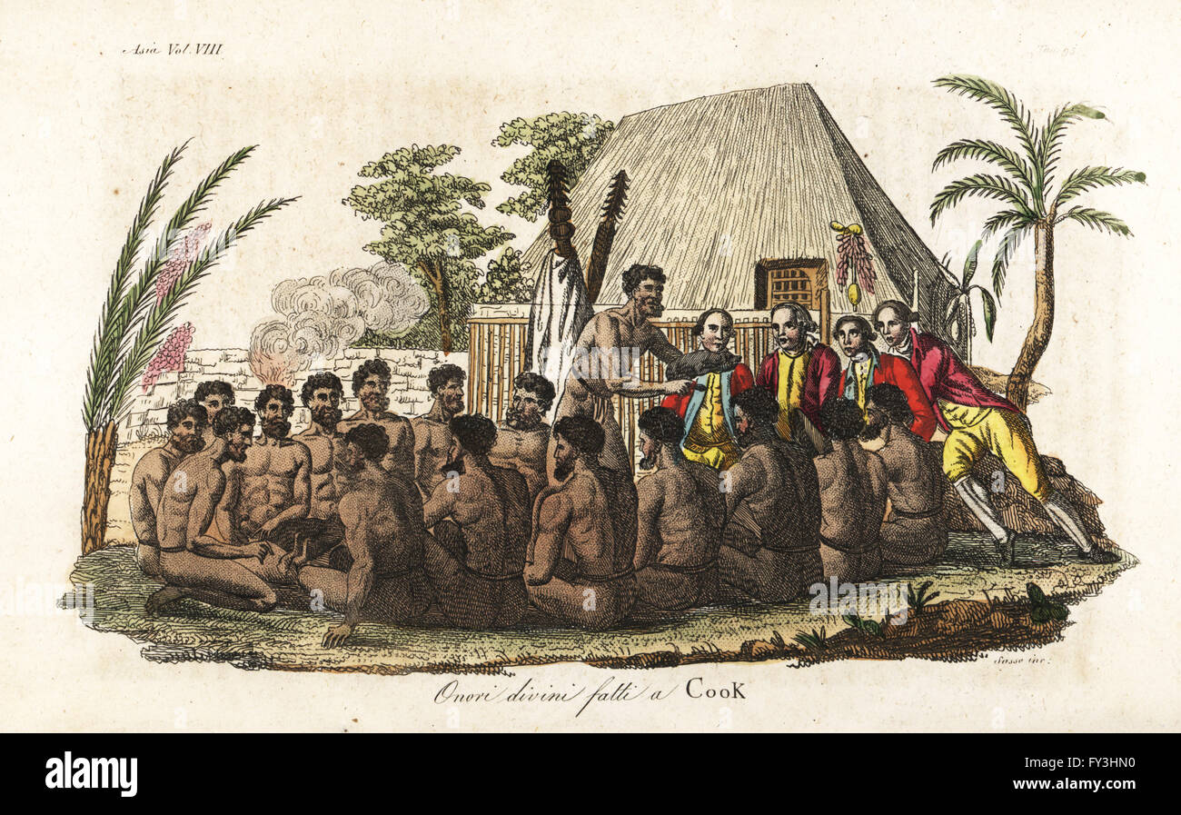 Hawaiian natives offer a sacrificial pig to Captain James Cook before 12 priests and a wooden idol in the sacred Orono house. Handcoloured copperplate engraved by Sasso after John Webber from Giulio Ferrario's Ancient and Modern Costumes of all the Peoples of the World, Florence, Italy, 1844. Stock Photo