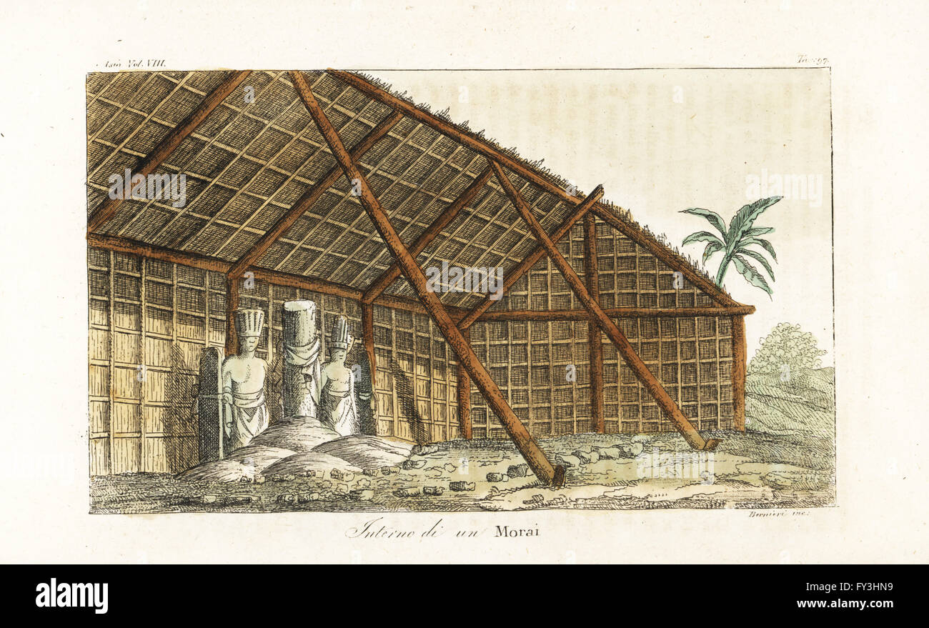 Interior of a Morai or sacred cemetery on Kauai, Hawaii (Atooi). Interior of a long house or mana in the heiau (morai) at Waimea with carved representations of the gods. Handcoloured copperplate engraved by Bernieri after John Webber from Giulio Ferrario's Ancient and Modern Costumes of all the Peoples of the World, Florence, Italy, 1844. Stock Photo