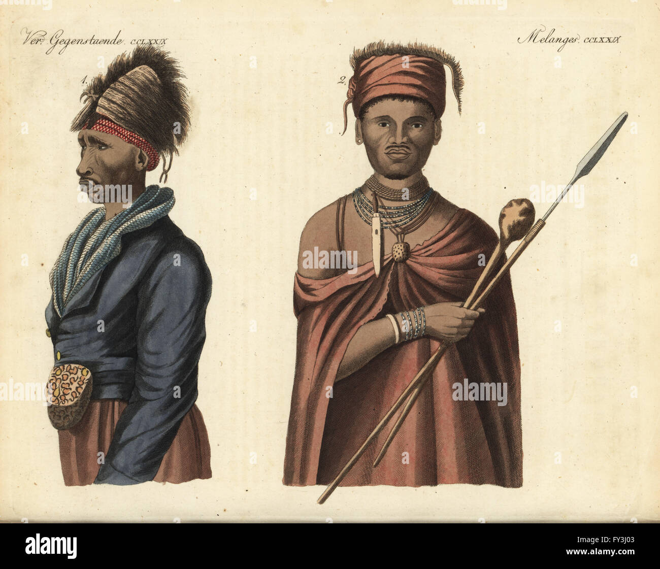 Portrait of Stoffel Speelman, a Khoikhoi of Hottentot man 1, and a chief of the Griqua or Kora people with hassagai (spear) and kirri (club) 2. Copied from William John Burchell's Travels in the Interior of South Africa. Handcoloured copperplate engraving from Friedrich Johann Bertuch's Bilderbuch fur Kinder (Picture Book for Children), Weimar, 1823. Stock Photo