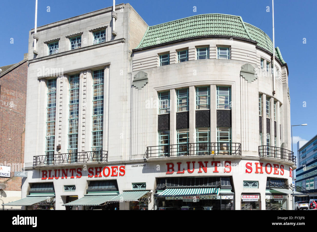 Grade 2 listed Art Deco building in Granby Street, Leicester housing Blunts Shoes Stock Photo