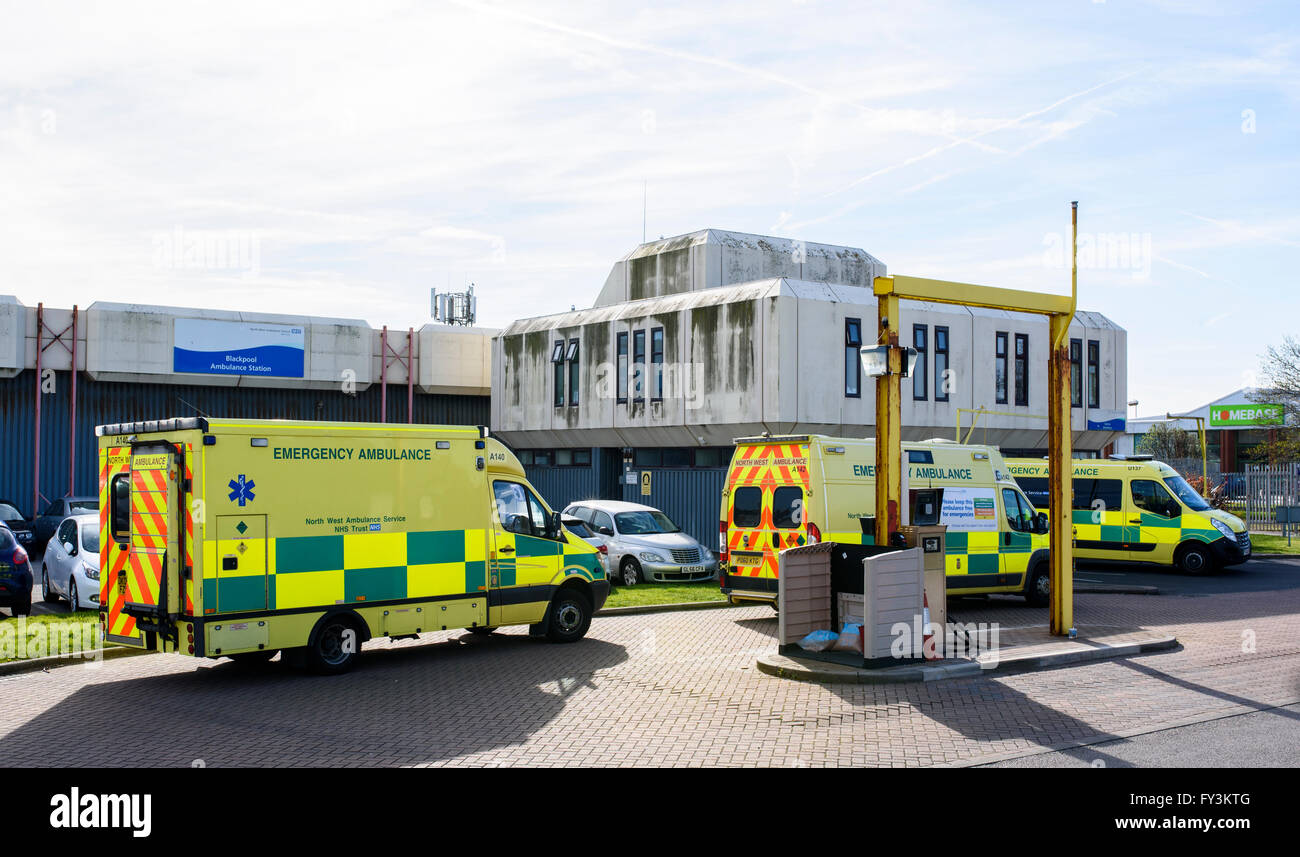 Ambulances queue to fill up with fuel at Blackpool Ambulance Station in Blackpool, Lancashire, UK Stock Photo