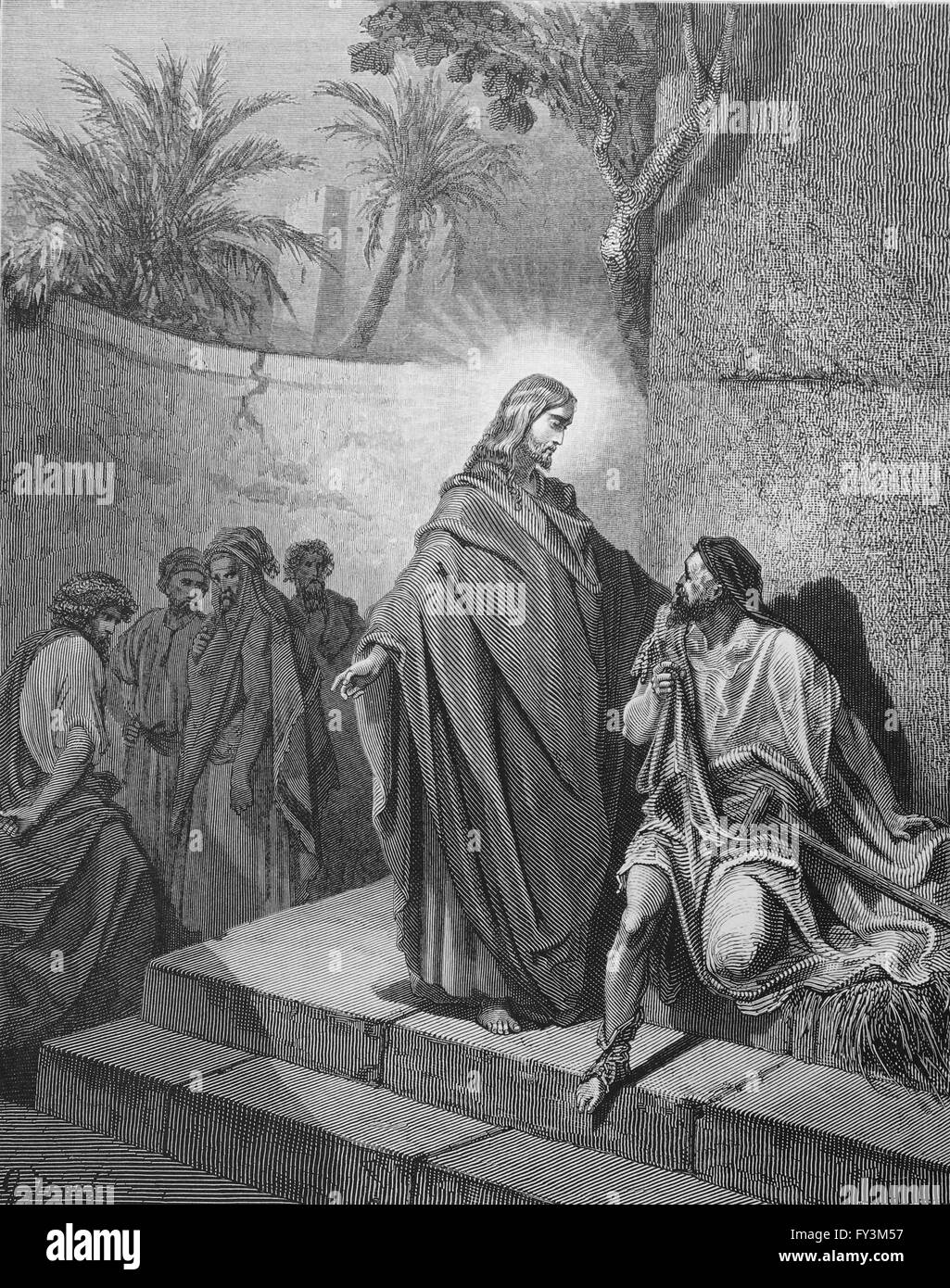 New Testament. Jesus healing the Dumb Man possessed (Matthew 12.22). Engraving by Gustave Dore. Stock Photo