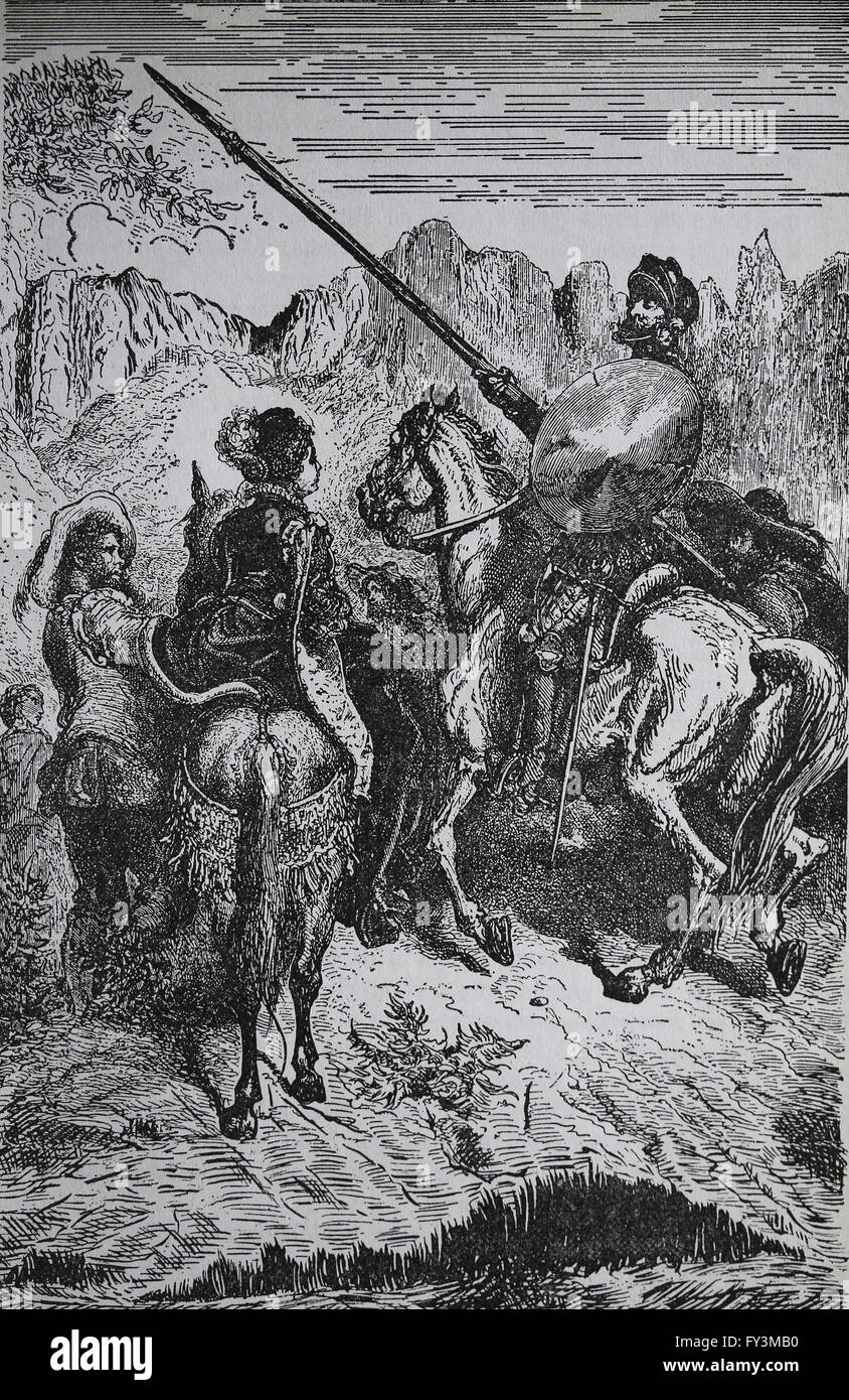 Don Quixote by Miguel de Cervantes. Don Quixote, Sancho and the princess Dorotea. Engraving by Gustave Dore. Stock Photo