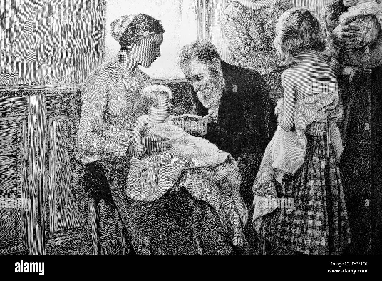 Doctor inoculating child. Engraving. 19th century. Europe. Stock Photo