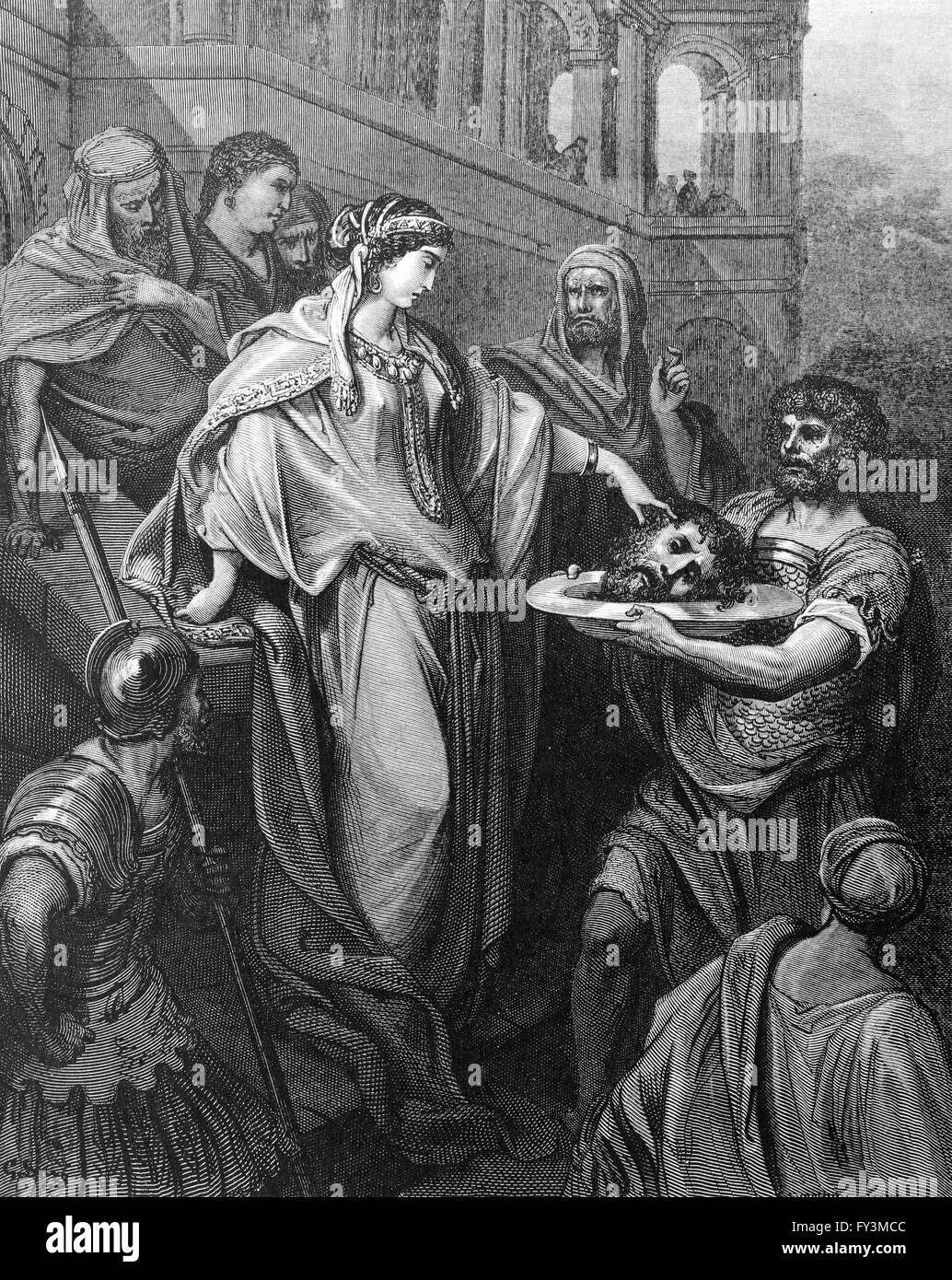 New Testament. Salome the daughter of Herod receiving the Head of John the Baptist.1855. Engraving by Gustave Dore. Stock Photo
