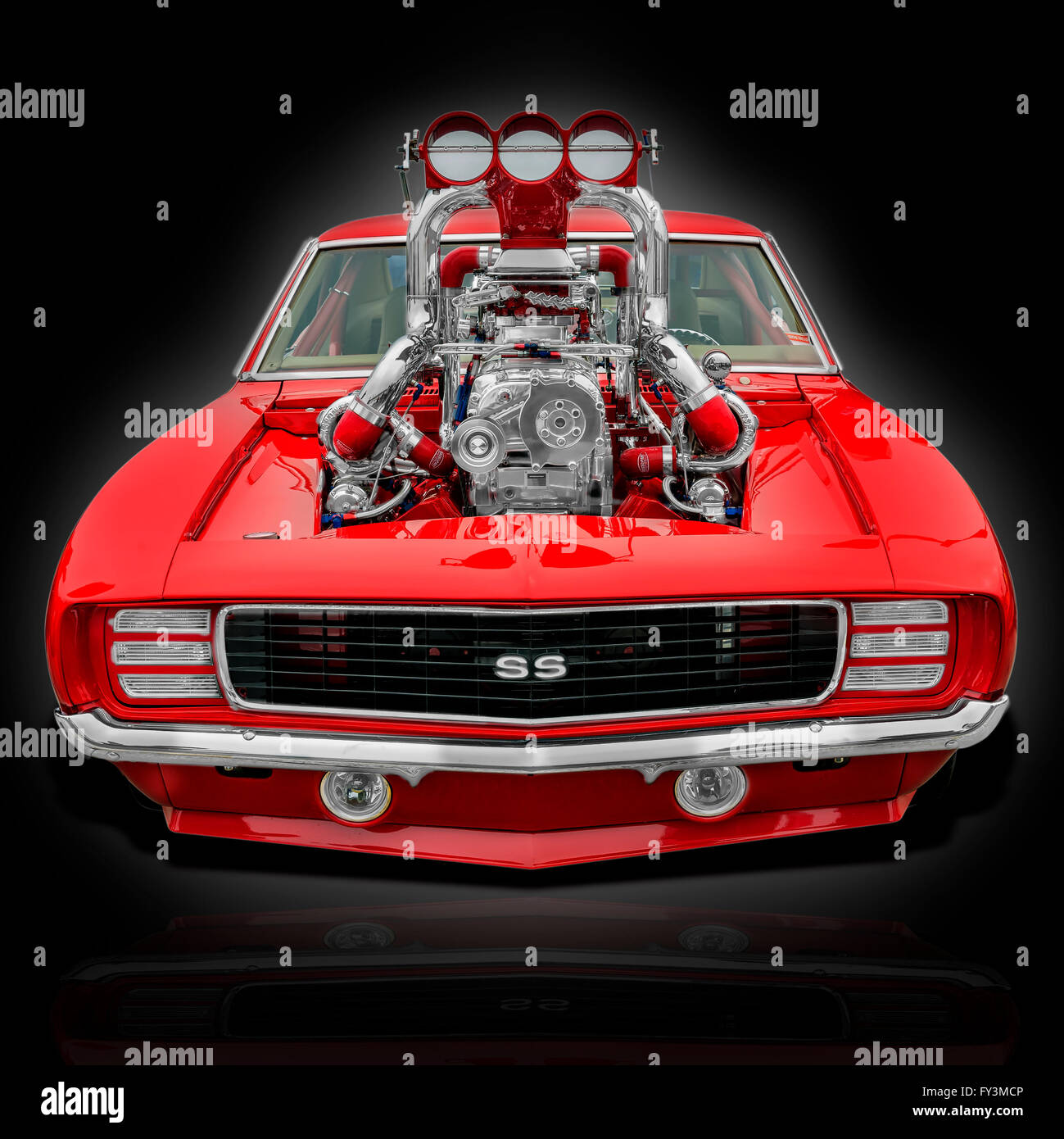 a dramatic head on view of a 1969 Chevrolet Camaro SS Pro Street Style hot  rod Stock Photo