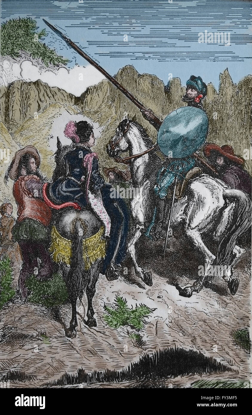 Don Quixote by Miguel de Cervantes. Don Quixote, Sancho and the princess Dorotea. Engraving by Gustave Dore Stock Photo