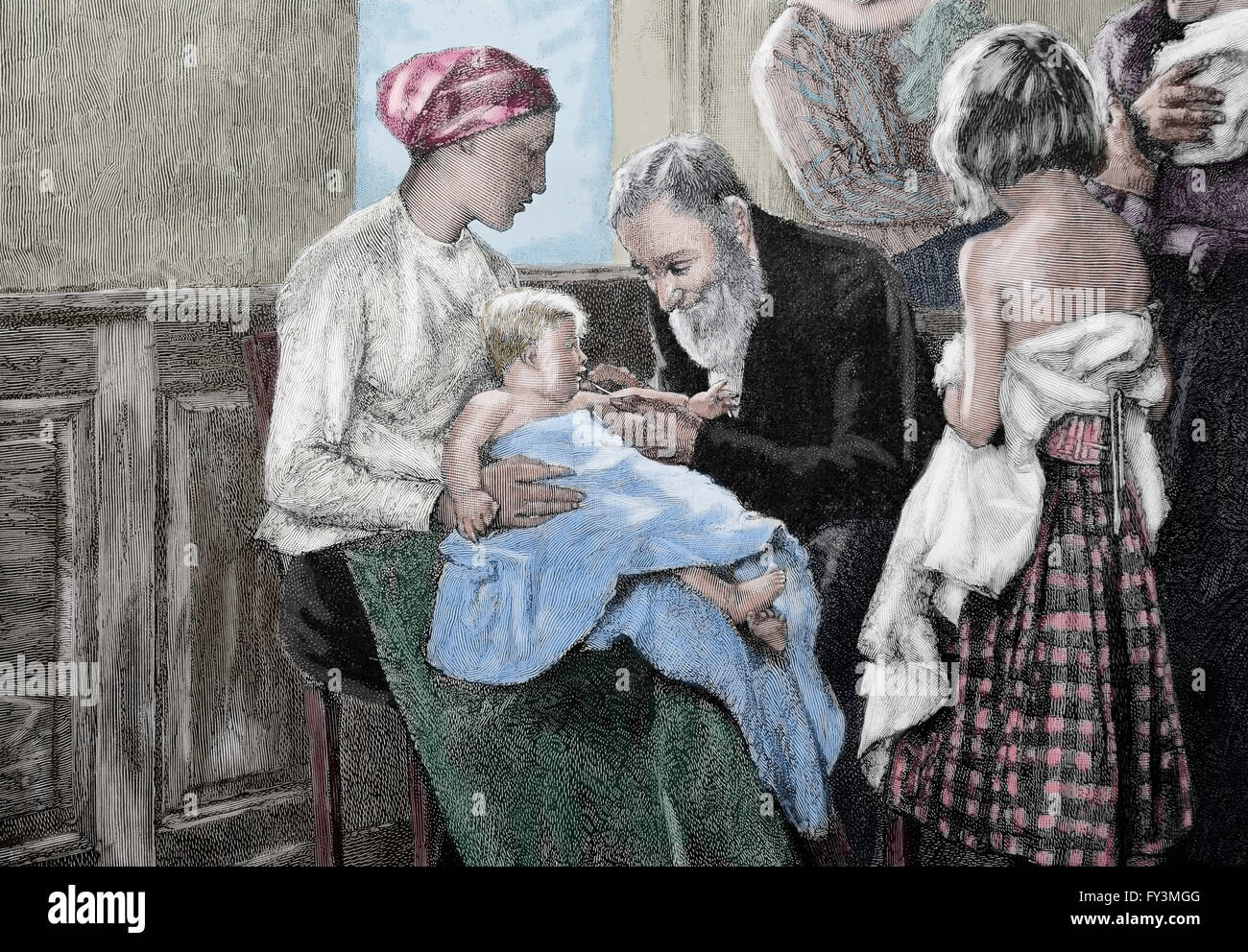 Doctor inoculating child. Engraving. 19th century. Europe. Color. Stock Photo