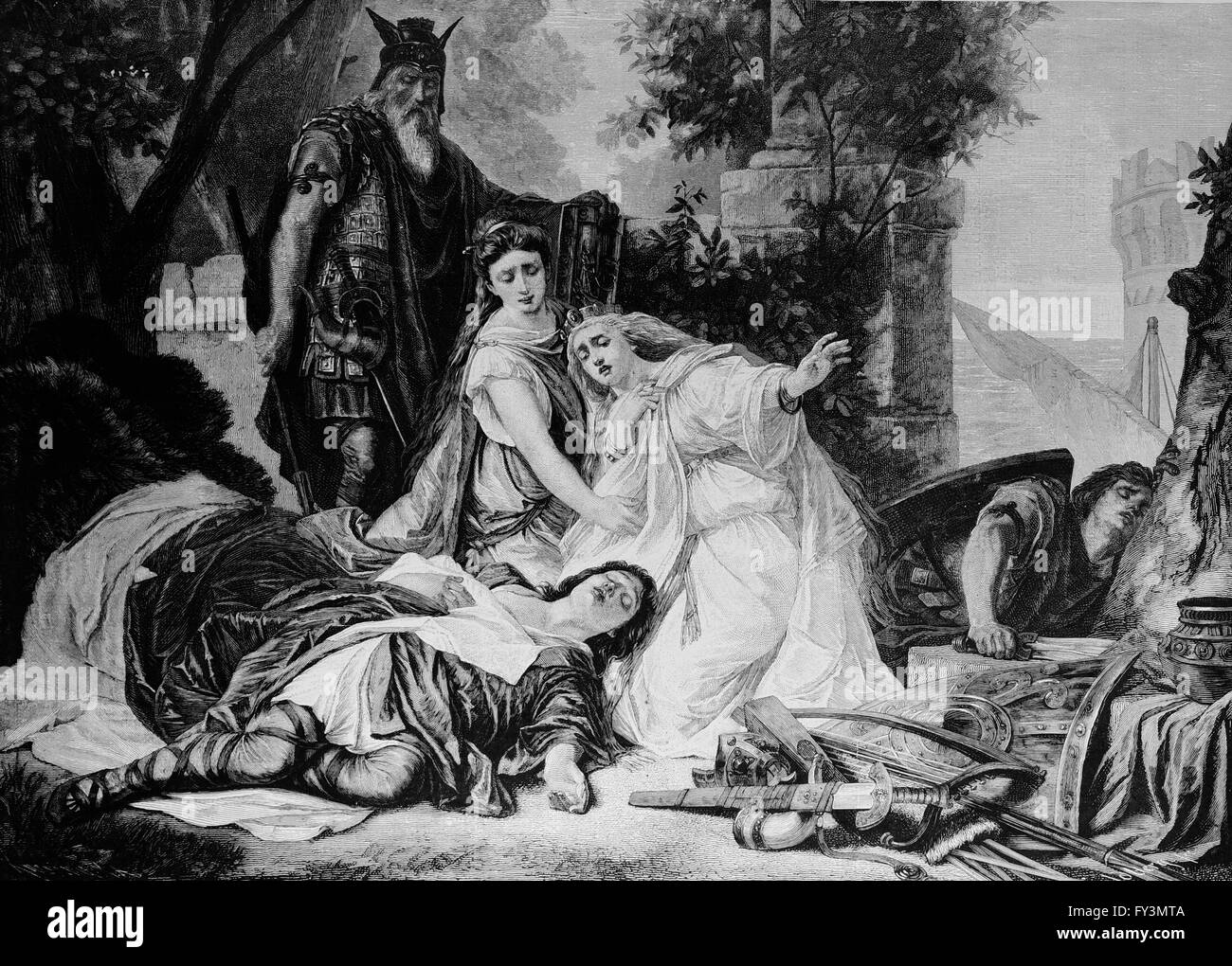 The Death of Tristan. German composer Richard Wagner 1813-1883. 'Tristan and Isolde'. Engraving, c. 1890. Stock Photo