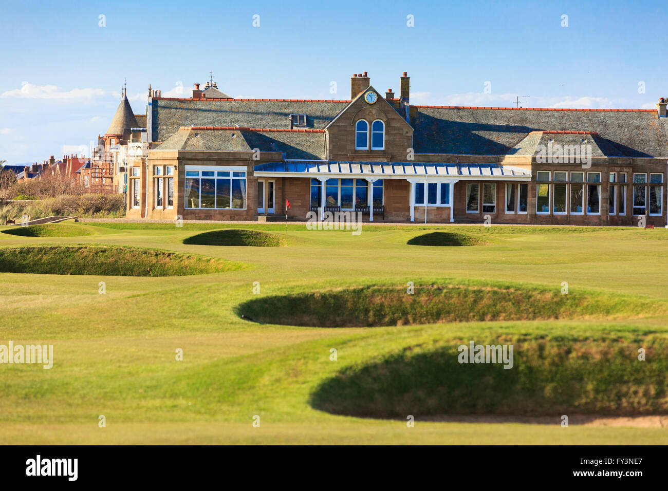 Eighteenth fairway, green and bunkers on Royal Troon Golf Course with the  Club House in the background, Troon, Ayrshire Scotland Stock Photo - Alamy