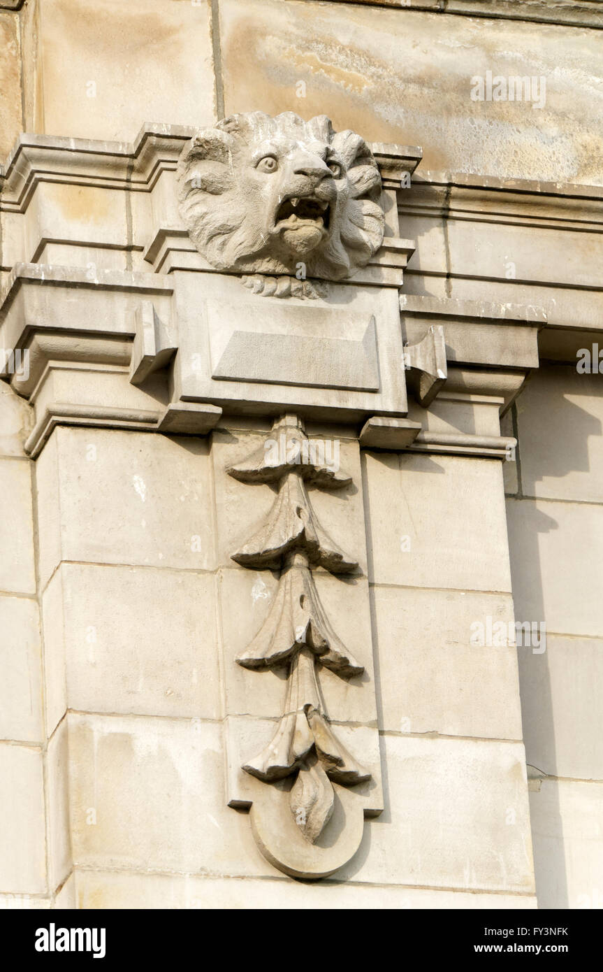 Stone lion head sculpture on the neoclassical facade of the Vancouver Art Gallery building, Vancouver, BC, Canada Stock Photo