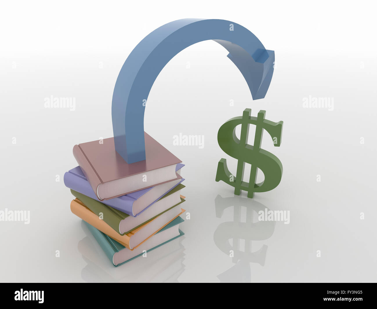 Abstract 3D design of a stack of books with an arrow pointing to money. Stock Photo