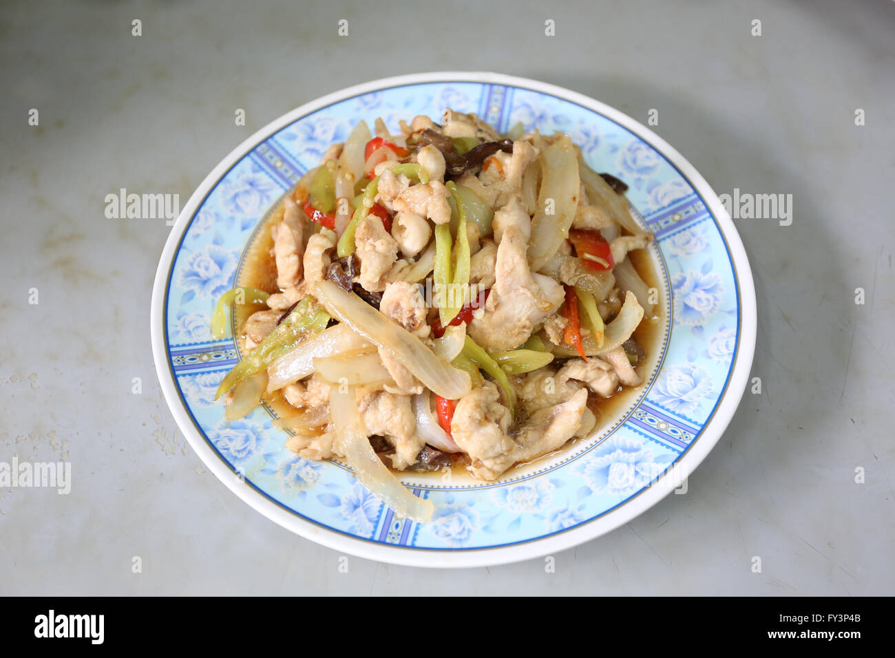 Chicken in puff chili with salty sauce,This is a Thai Food. Stock Photo
