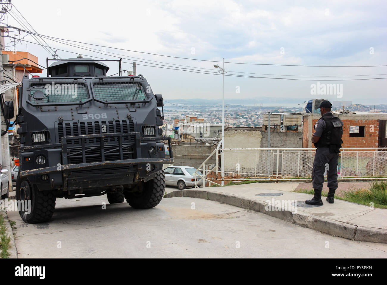 Rio de Janeiro, Brazil: View of the UPP - Pacifying Police Unit of the Complexo do Alemão. The public security system deployed i Stock Photo