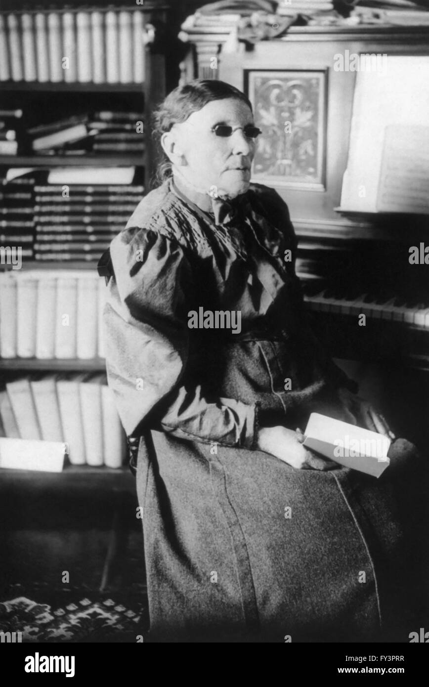 Fanny Crosby (1820-1915), known as the 'Queen of Gospel Song Writers', was one of the most prolific hymnists in history, writing over 8,000 hymns and gospel songs, despite being blind from shortly after birth. Some publishers at the time were hesitant to have so many hymns by one person in their hymnals so Crosby used nearly 200 different pseudonyms during her career. Among her most popular hymns are 'Blessed Assurance', 'Pass Me Not, O Gentle Saviour', 'Jesus Is Tenderly Calling You Home', 'Praise Him, Praise Him', 'Rescue the Perishing', and 'To God Be the Glory'. (Photo: c1906) Stock Photo