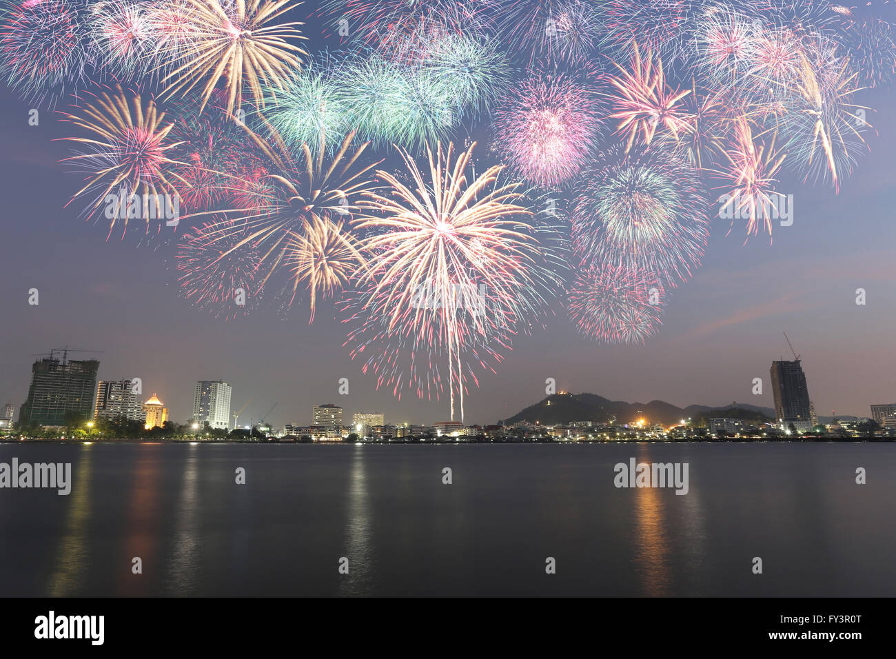 Seaside town of Thailand with fireworks celebrating the New Year,Sriracha Chouburi. Stock Photo