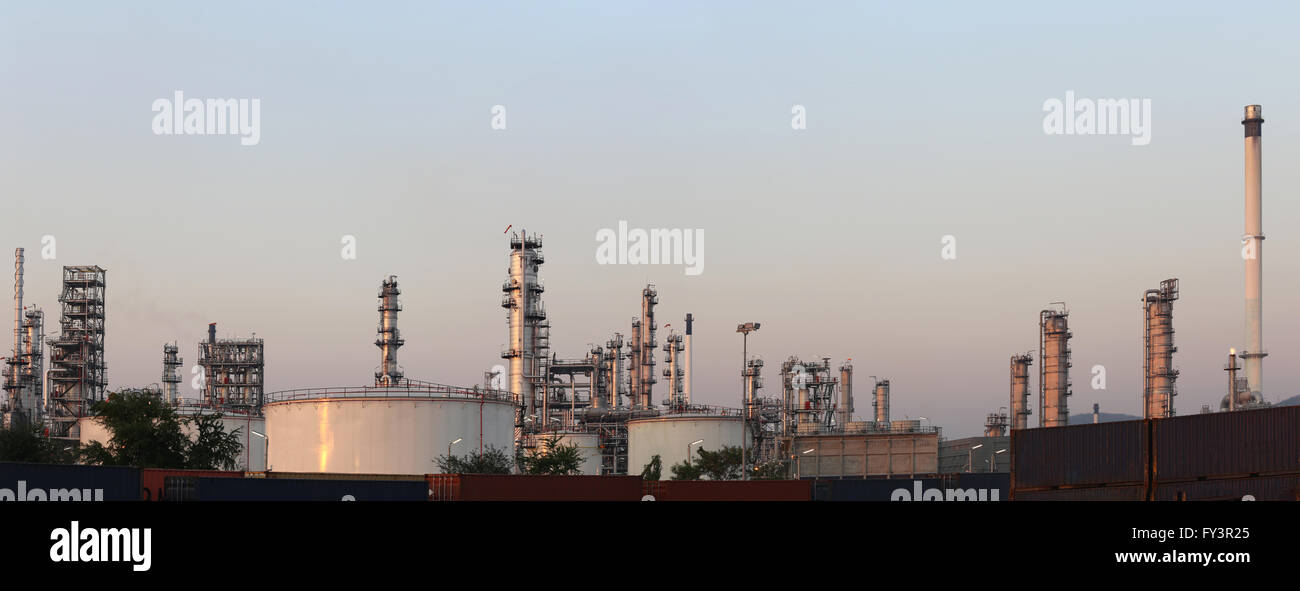 Oil refinery in the evening of panorama style,photography on twilight style. Stock Photo