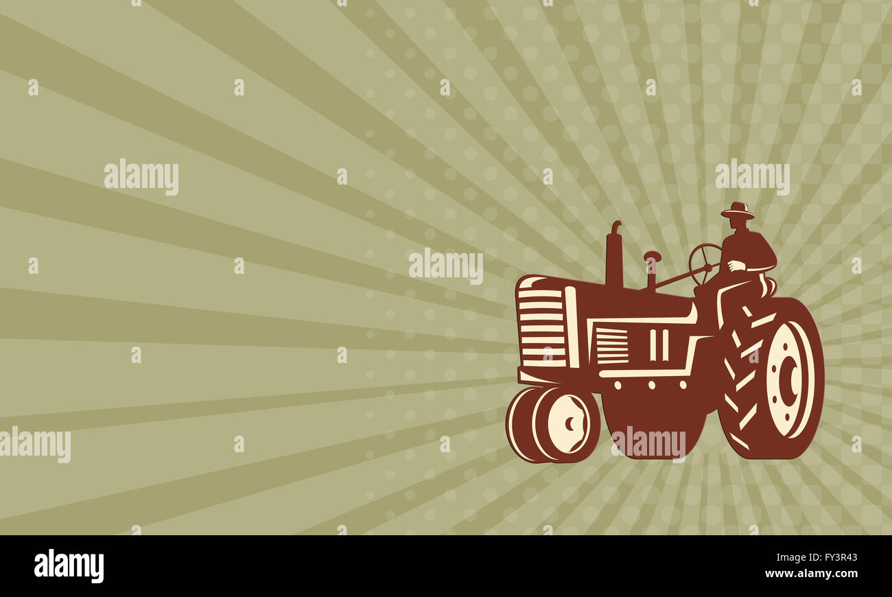 Business card showing illustration of a farmer worker driving a vintage ...