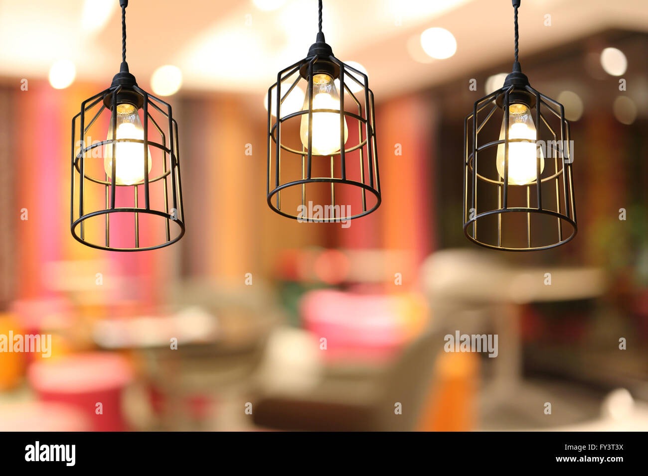 Warm lighting modern ceiling lamps in the cafe and interior decoration ...