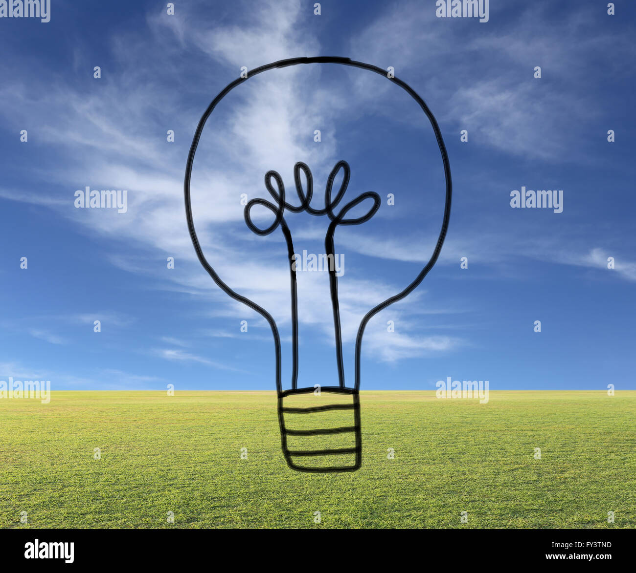 Hand drawn lamp of creativity concept on natural background. Stock Photo