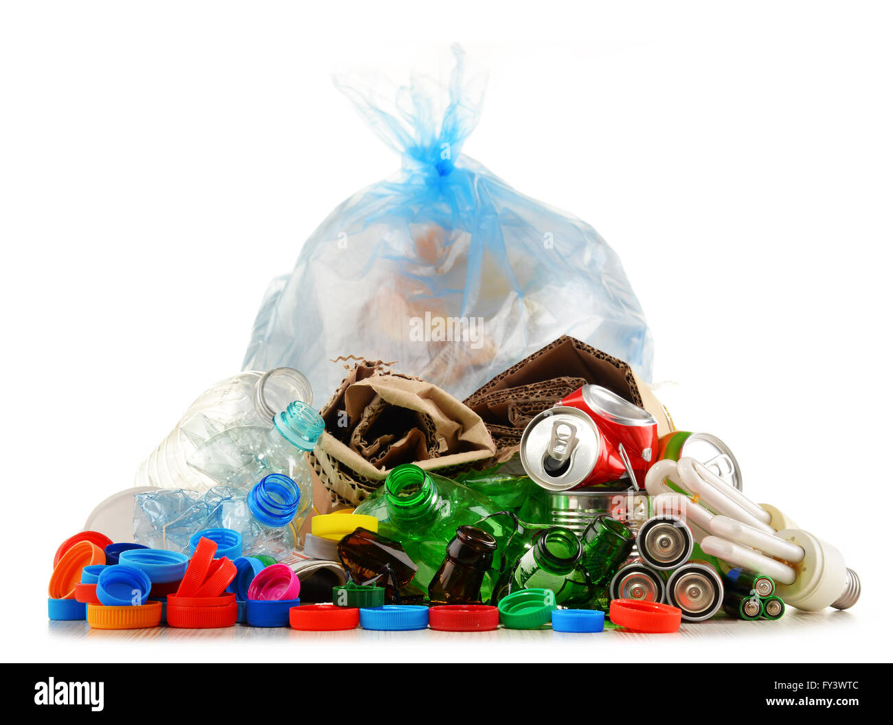 Recyclable garbage consisting of glass, plastic, metal and paper isolated on white Stock Photo ...